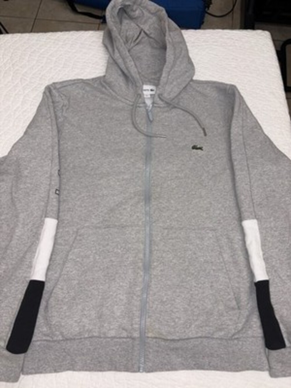 Lacoste Full Zip Hoodie Gray Logo Sleeve Sweatshirt Men Medium Crocodile